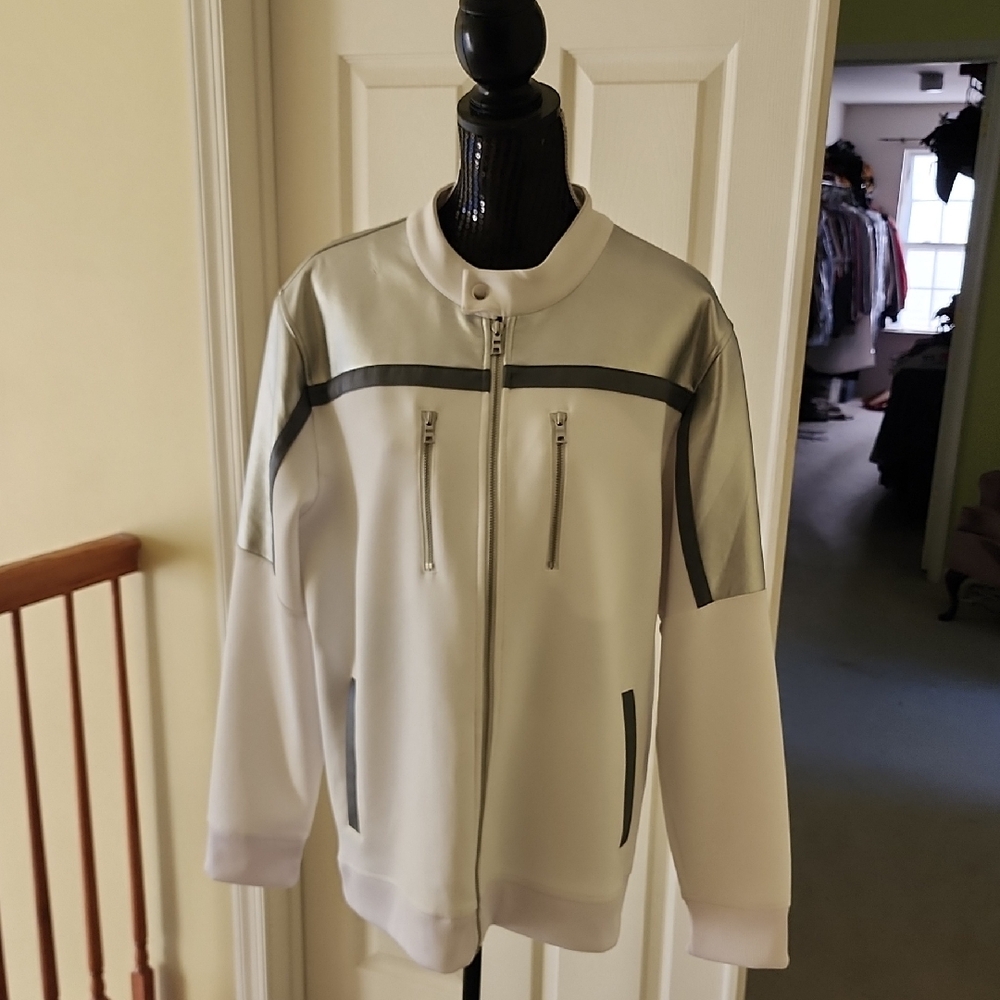 INC International Concepts Mens White and Gray Bomber Jacket